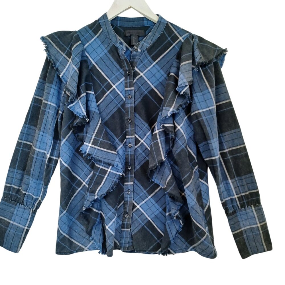 Maison Cinqcent Shirt Plaid Cotton Ruffle Detail Western‎ Top Womens Large